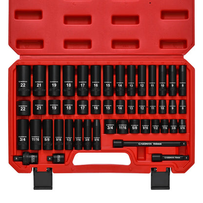 49-Piece 3/8" Drive Impact Socket Set – 6-Point CR-V Steel Sockets with Ratchet, Extensions & Accessories