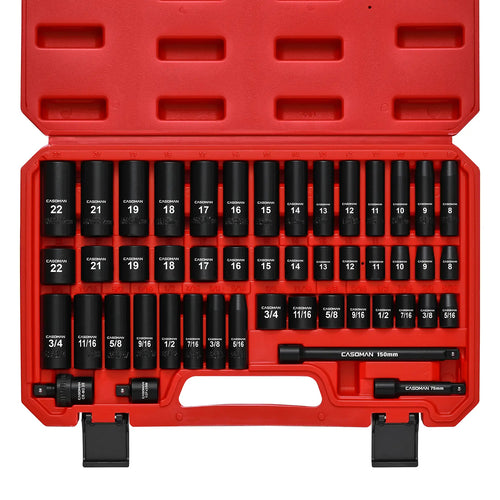 49-Piece 3/8" Drive Impact Socket Set – 6-Point CR-V Steel Sockets with Ratchet, Extensions & Accessories