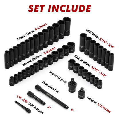 49-Piece 3/8" Drive Impact Socket Set – 6-Point CR-V Steel Sockets with Ratchet, Extensions & Accessories
