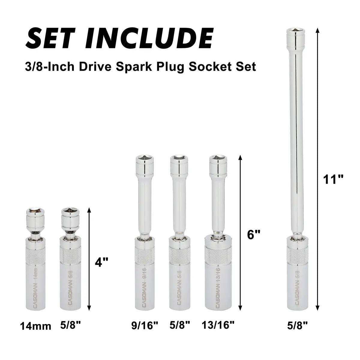 6PCS Magnetic Swivel Spark Plug Socket Set – 3/8" Drive, 9/16", 5/8", 13/16" & 14mm, Thin Wall CR-V Steel