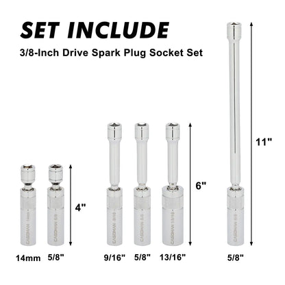 6PCS Magnetic Swivel Spark Plug Socket Set – 3/8" Drive, 9/16", 5/8", 13/16" & 14mm, Thin Wall CR-V Steel