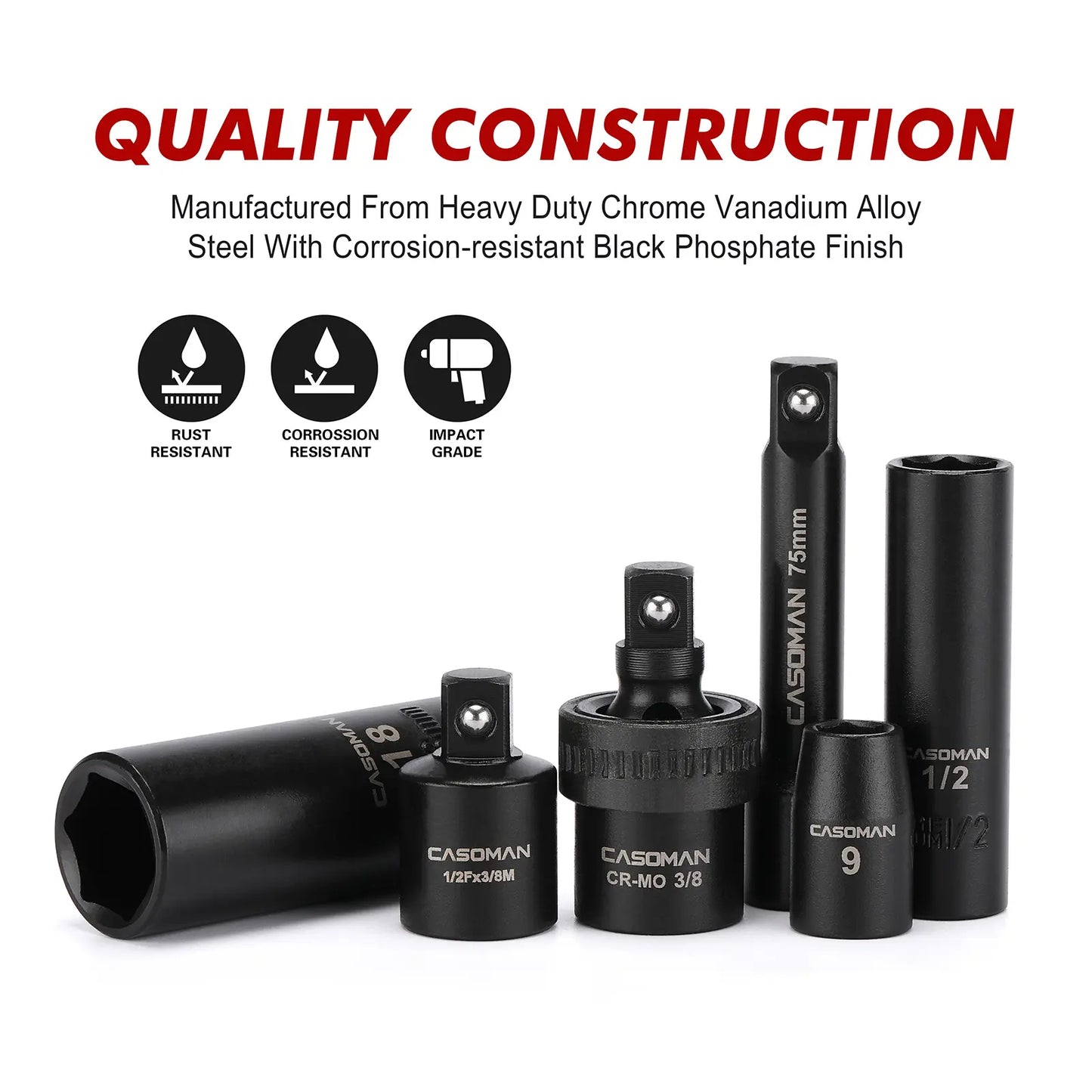 49-Piece 3/8" Drive Impact Socket Set – 6-Point CR-V Steel Sockets with Ratchet, Extensions & Accessories
