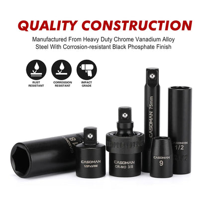 49-Piece 3/8" Drive Impact Socket Set – 6-Point CR-V Steel Sockets with Ratchet, Extensions & Accessories