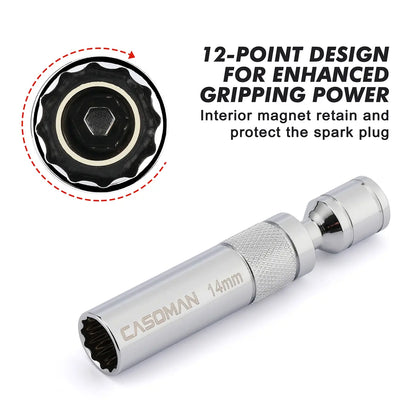 6PCS Magnetic Swivel Spark Plug Socket Set – 3/8" Drive, 9/16", 5/8", 13/16" & 14mm, Thin Wall CR-V Steel
