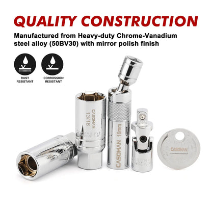 10PCS Magnetic Spark Plug Socket Set – 3/8" Drive CR-V Steel Automotive Tool Kit with Extension Bar & Universal Joint