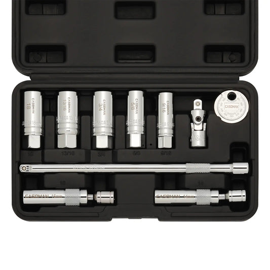 10PCS Magnetic Spark Plug Socket Set – 3/8" Drive CR-V Steel Automotive Tool Kit with Extension Bar & Universal Joint