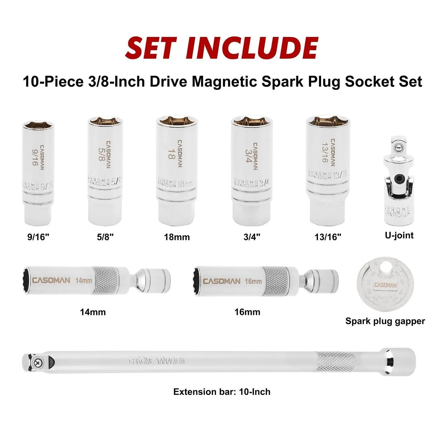 10PCS Magnetic Spark Plug Socket Set – 3/8" Drive CR-V Steel Automotive Tool Kit with Extension Bar & Universal Joint