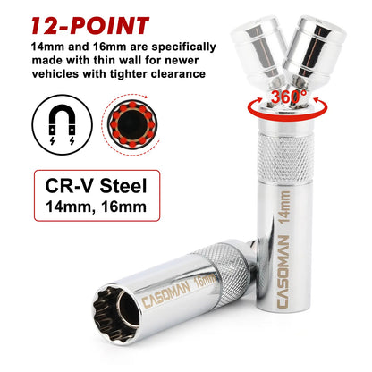 10PCS Magnetic Spark Plug Socket Set – 3/8" Drive CR-V Steel Automotive Tool Kit with Extension Bar & Universal Joint